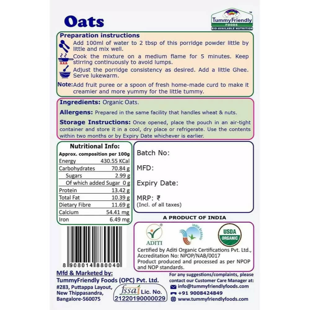 TummyFriendly Foods Certified Oats Porridge Mixes - Stage1, Stage2, Stage3 | Grocsy