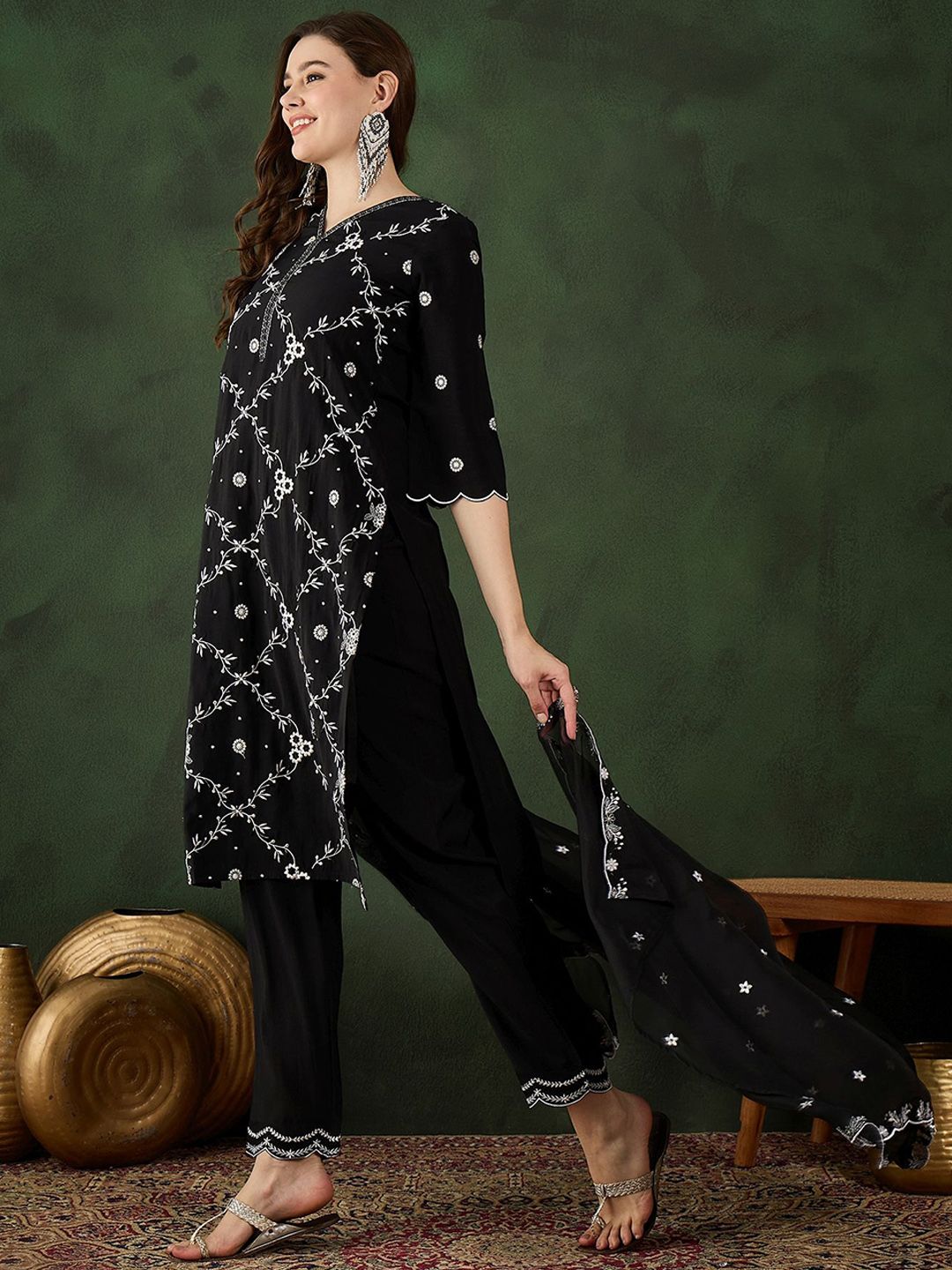 Sangria Embroidered Kurta & Trouser With Dupatta | Grocsy