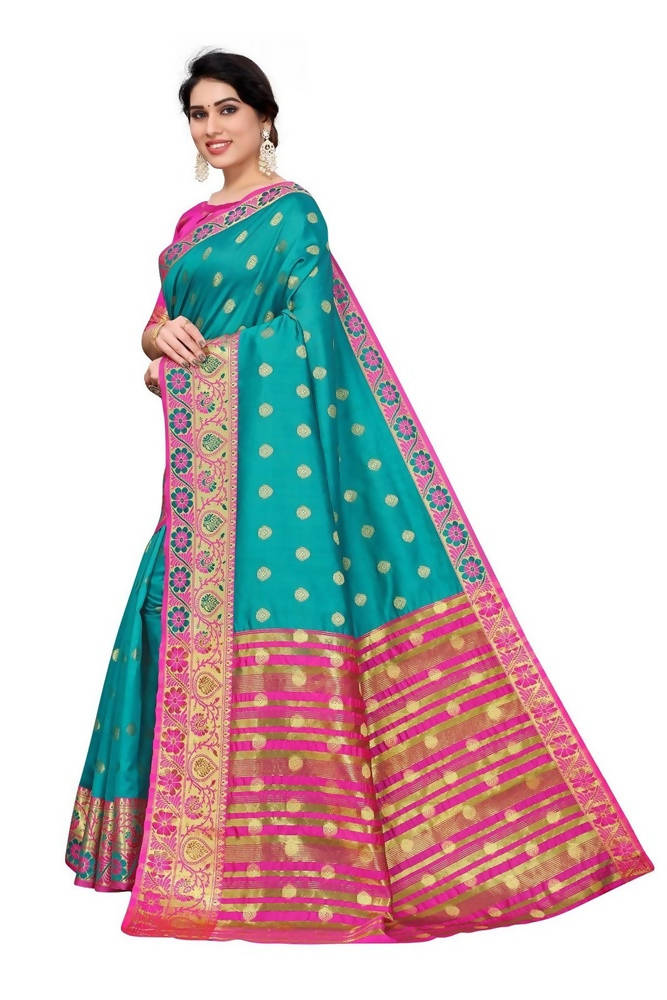 Vamika Cotton Rich Silk With Jacquard Weaving Rama Green Saree | Grocsy