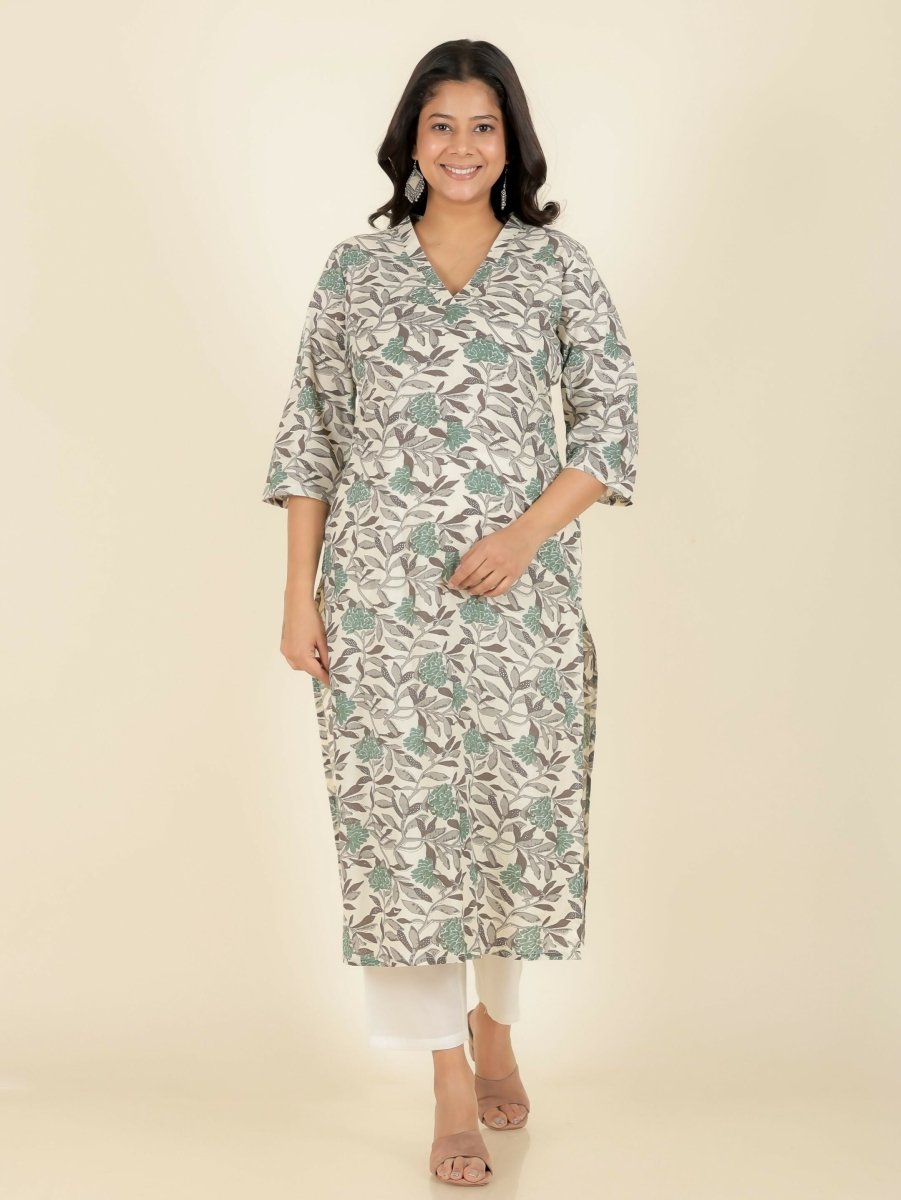 Aramya Straight Soft Cotton Floral Print Women's Kurta - Off White | Grocsy