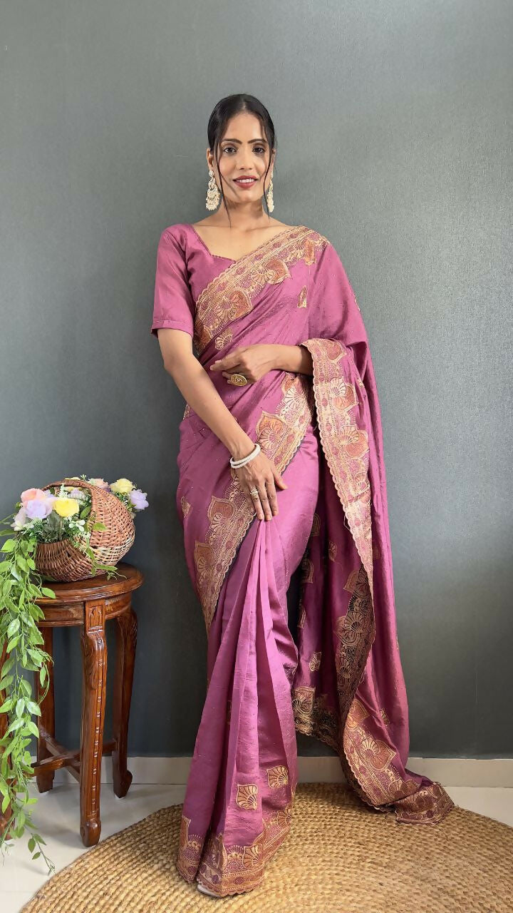 Vastranavya Mauve Vichitra Silk Zari with Swarovski Work Ready to Wear Saree | Grocsy