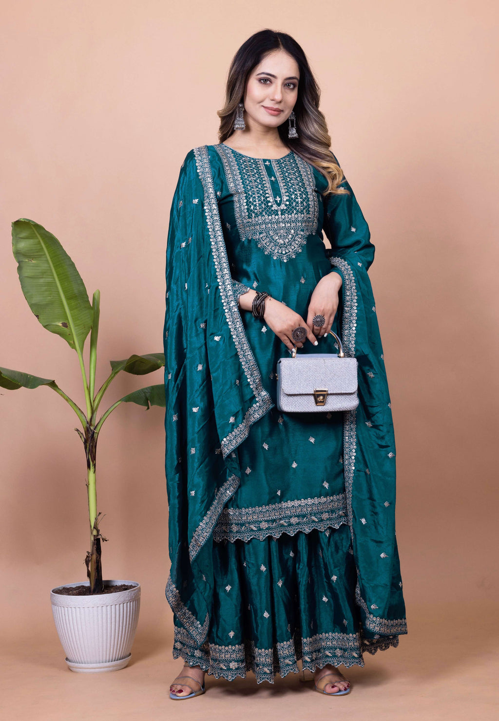 Lehenga Mart Designer Chinon Sharara Suit With Sequence Embroidered Work - Teal blue | Grocsy
