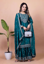 Lehenga Mart Designer Chinon Sharara Suit With Sequence Embroidered Work - Teal blue | Grocsy