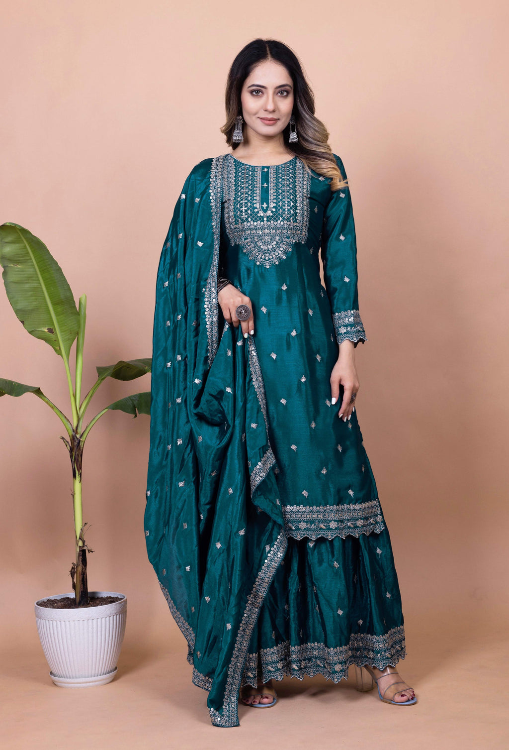 Lehenga Mart Designer Chinon Sharara Suit With Sequence Embroidered Work - Teal blue | Grocsy