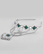 VOJ Silver Plated Peacock Printed Hairband With Mang Tikka | Grocsy