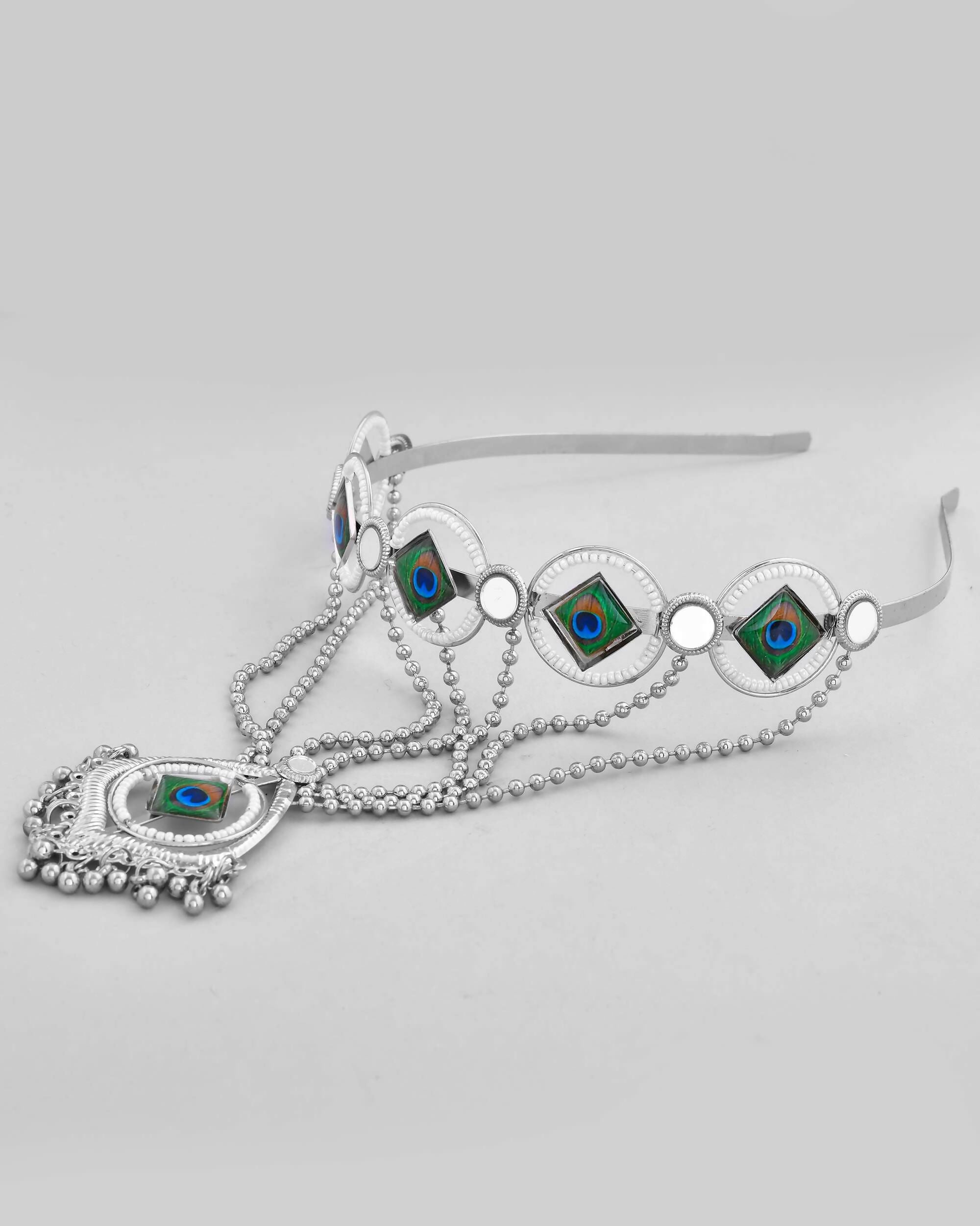 VOJ Silver Plated Peacock Printed Hairband With Mang Tikka | Grocsy