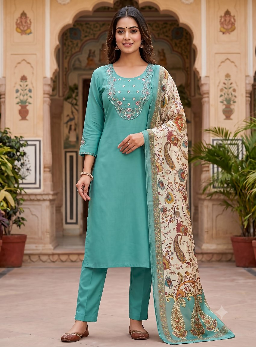 Teeya Creation Women Sky Green Embroidered Kurta Set With Dupatta | Grocsy