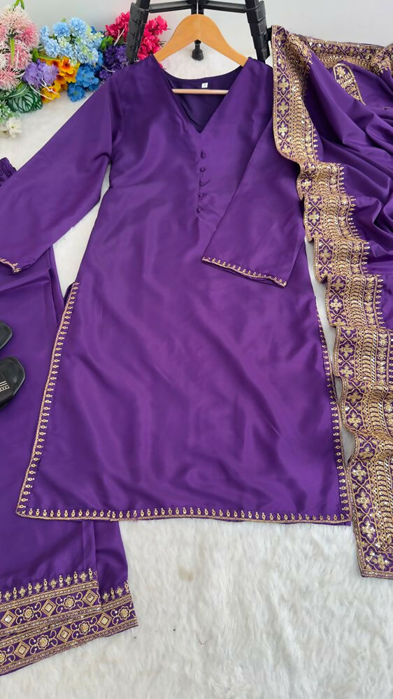 Teeya Creation New Latest Stylish Classic Jambli Festive Kurta Set with Gold Zari Border Palazzo and Dupatta | Grocsy