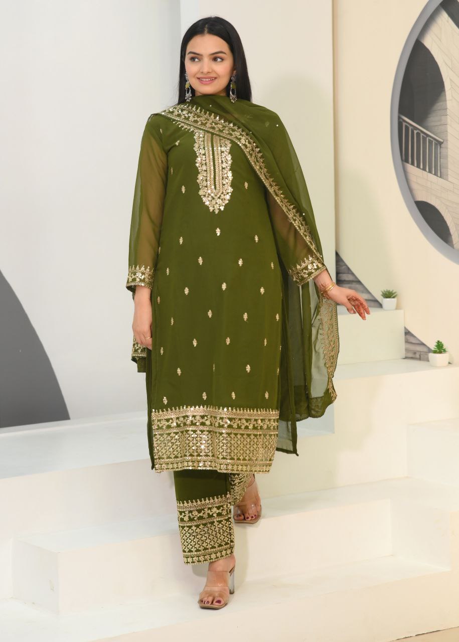 Lehenga Mart Designer Faux Georgette Suit With Embroidered Work - Mahendi | Grocsy