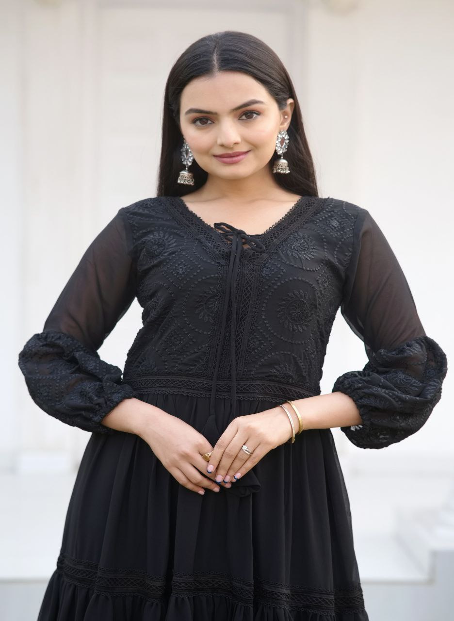 Lehenga Mart Designer Faux Georgette Gown With Embroidered Work - Black | Grocsy