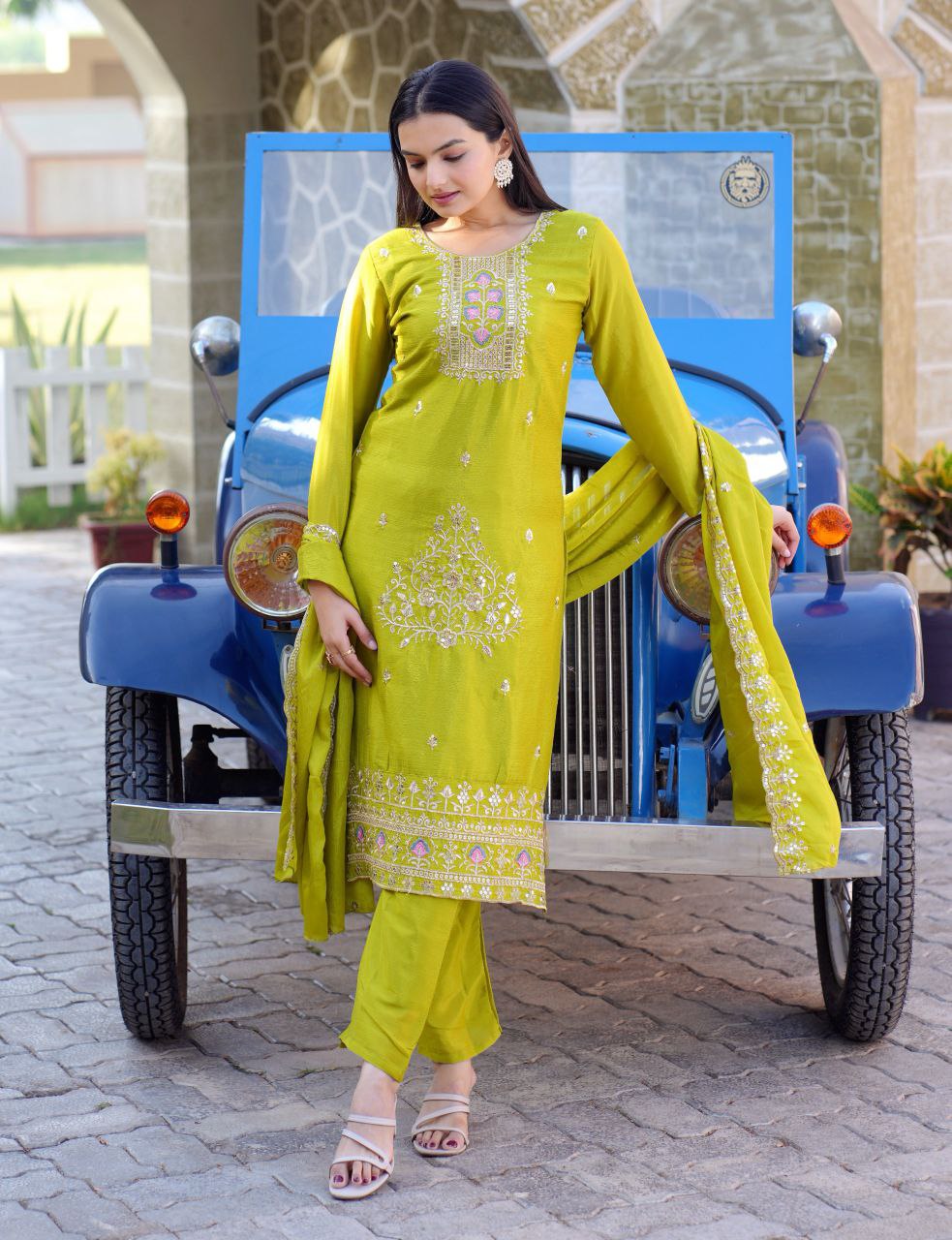 Lehenga Mart Designer Chinon Suit With Embroidered Work - Parrot Green | Grocsy