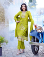 Lehenga Mart Designer Chinon Suit With Embroidered Work - Parrot Green | Grocsy