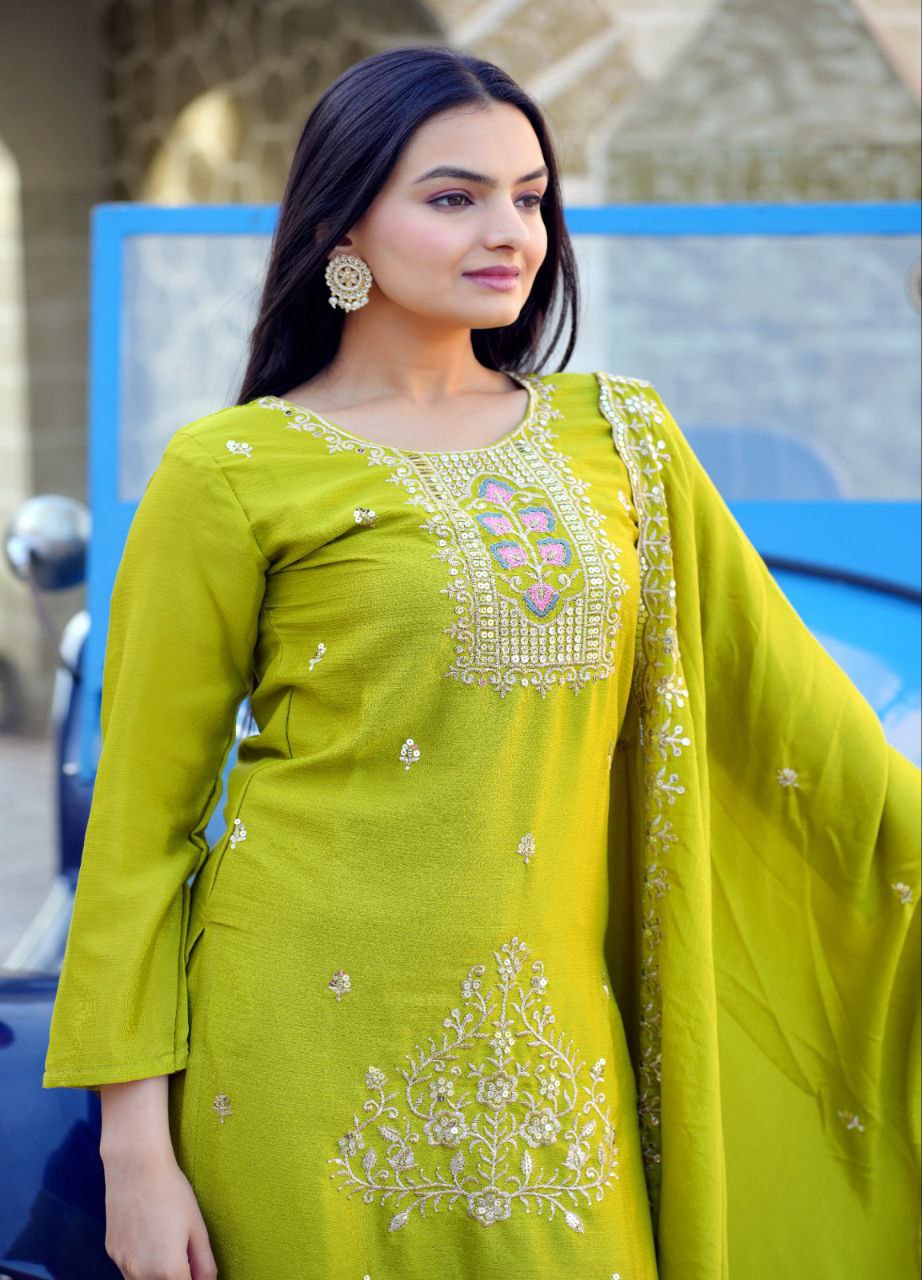 Lehenga Mart Designer Chinon Suit With Embroidered Work - Parrot Green | Grocsy
