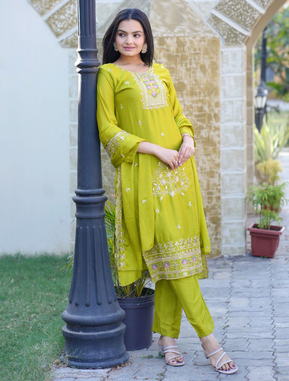 Lehenga Mart Designer Chinon Suit With Embroidered Work - Parrot Green | Grocsy
