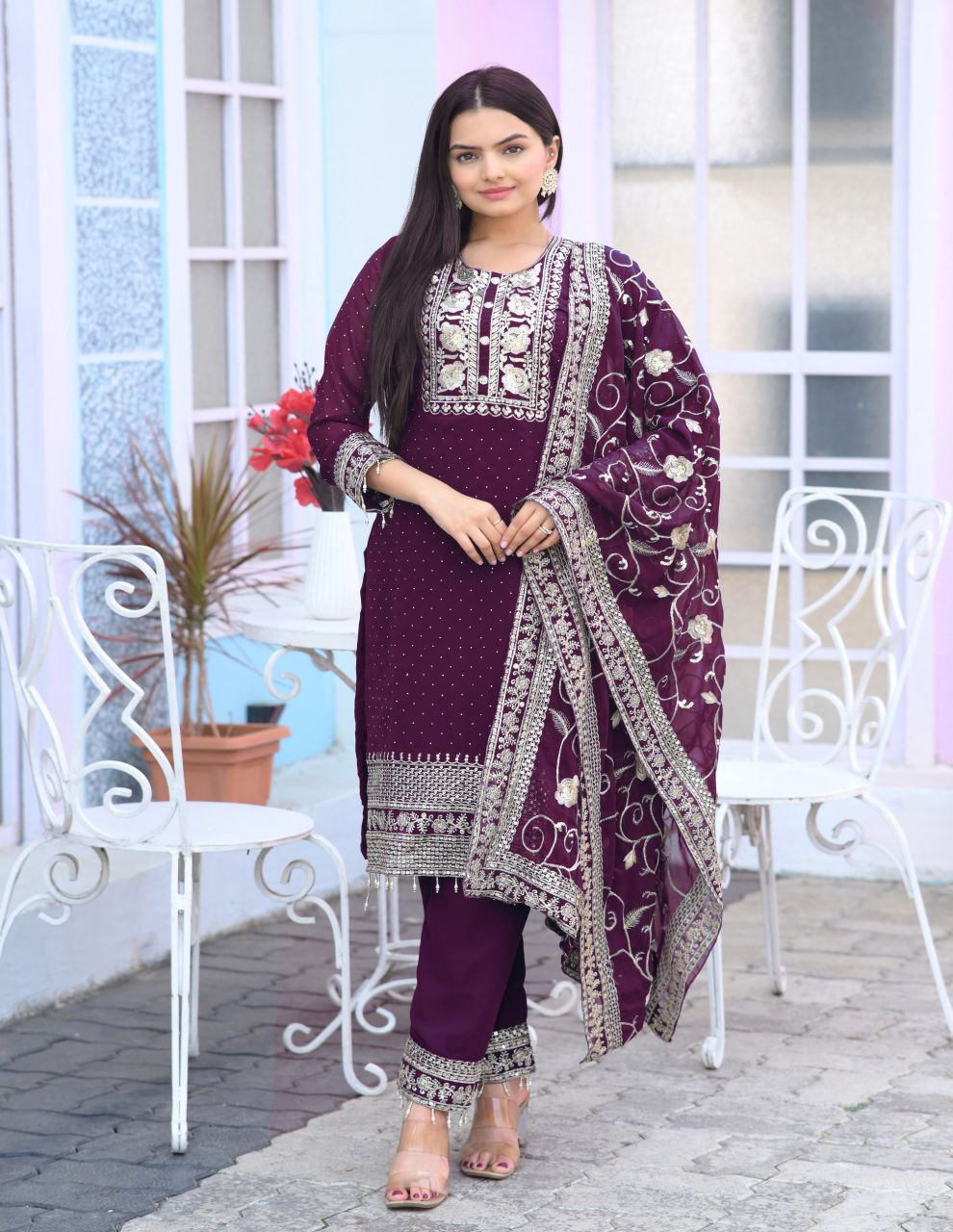 Lehenga Mart Designer Faux Georgette Suit With Embroidered Work And Stone Work - Wine | Grocsy