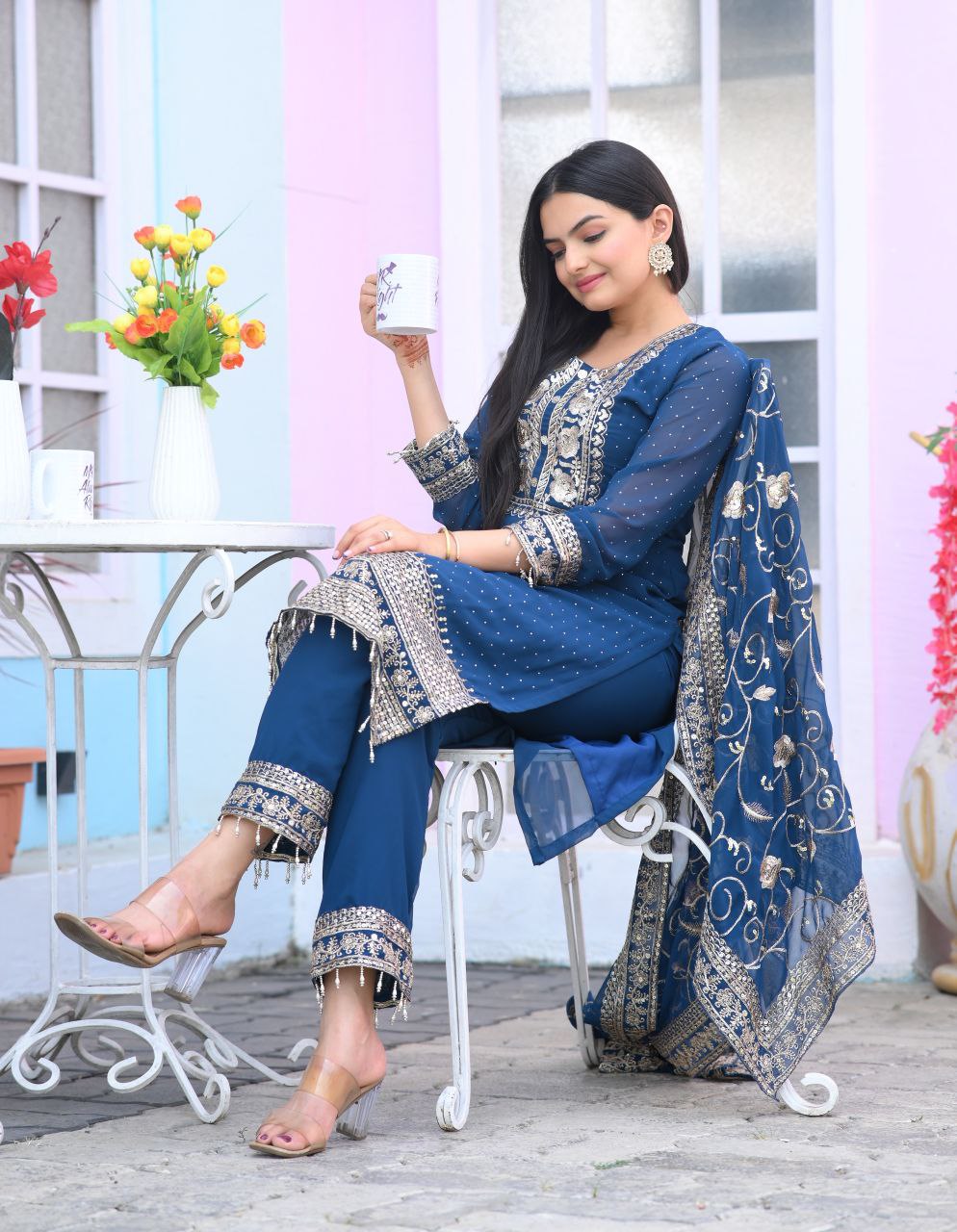 Lehenga Mart Designer Faux Georgette Suit With Embroidered Work And Stone Work - Blue | Grocsy
