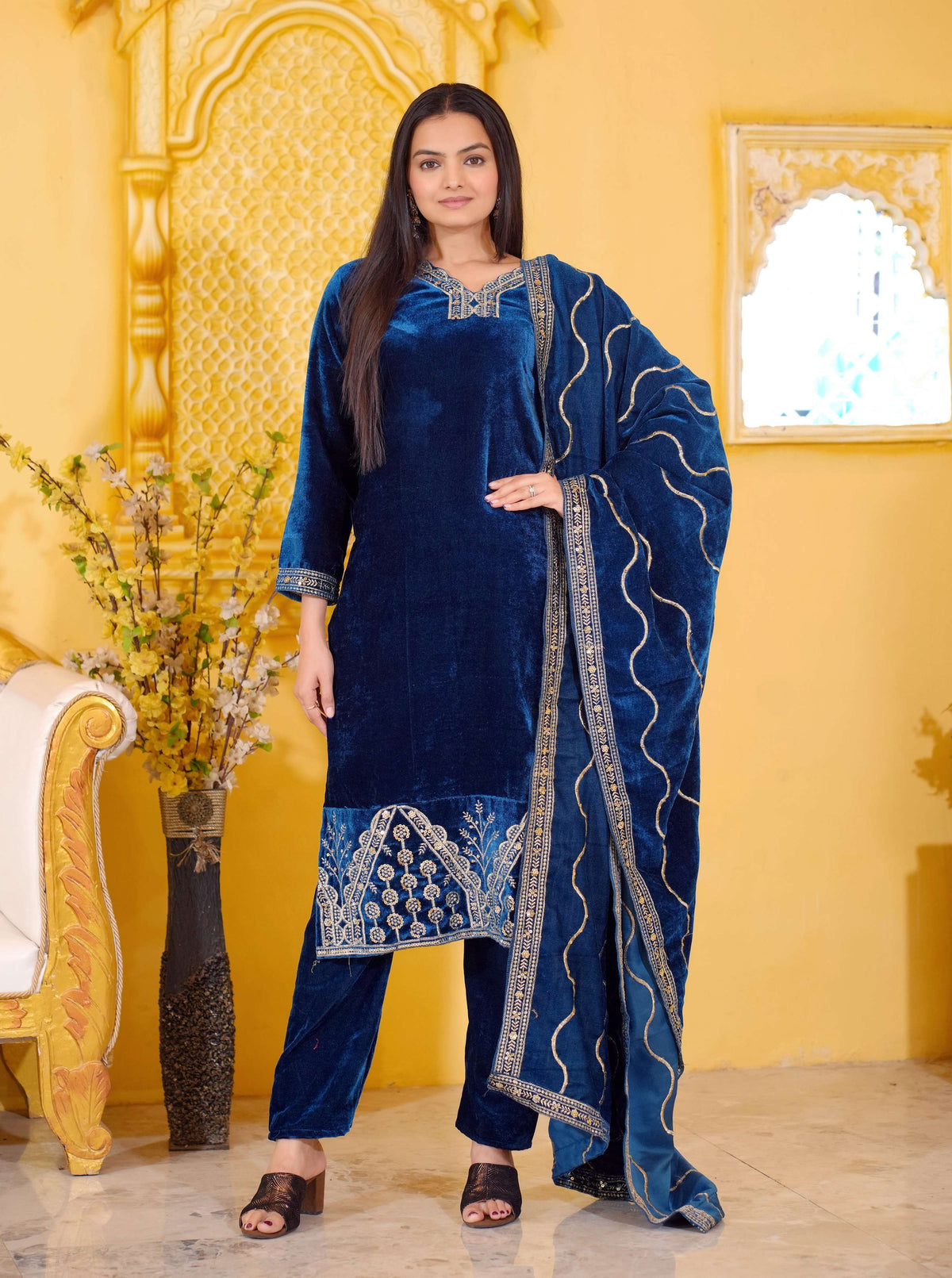 Lehenga Mart Designer Velvet Suit With Embroidered Work - Blue | Grocsy