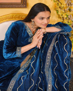 Lehenga Mart Designer Velvet Suit With Embroidered Work - Blue | Grocsy
