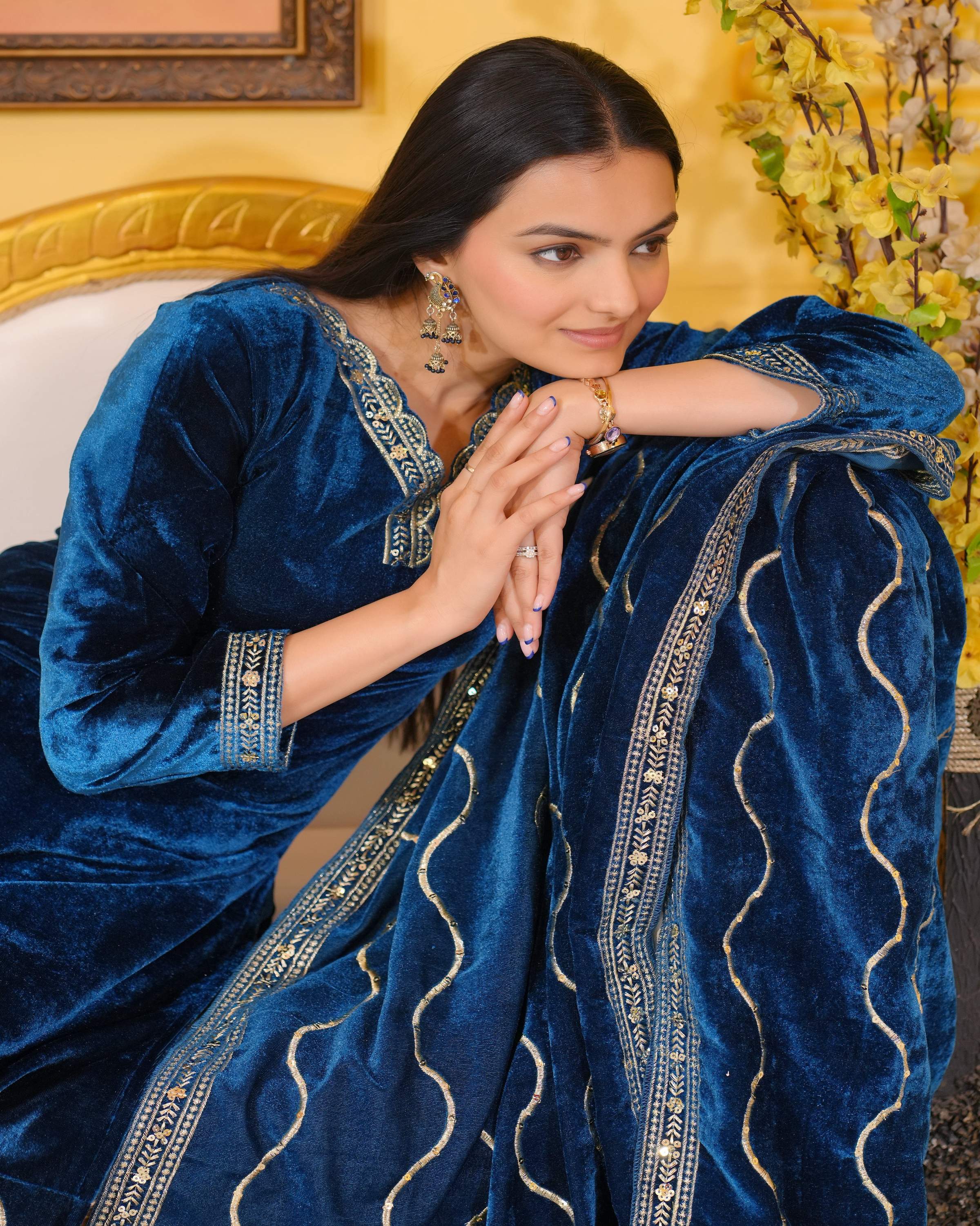 Lehenga Mart Designer Velvet Suit With Embroidered Work - Blue | Grocsy
