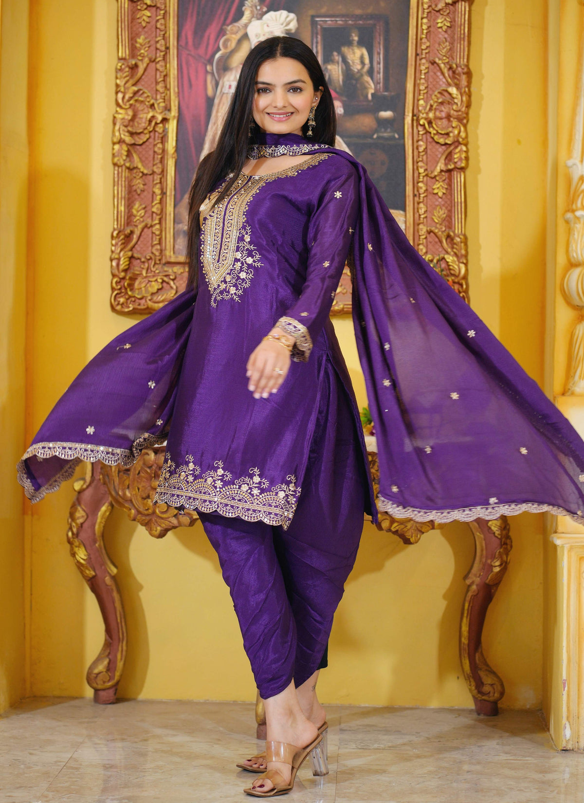Lehenga Mart Designer Chinon Dhoti Suit With Sequence Embroidered Work - Purple | Grocsy
