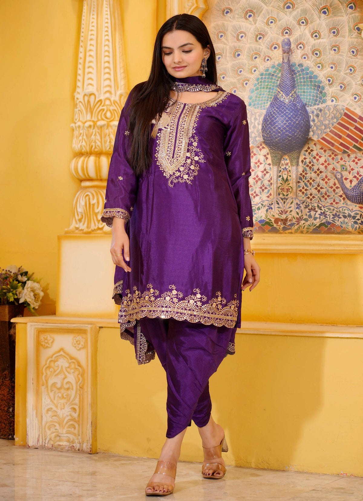 Lehenga Mart Designer Chinon Dhoti Suit With Sequence Embroidered Work - Purple | Grocsy
