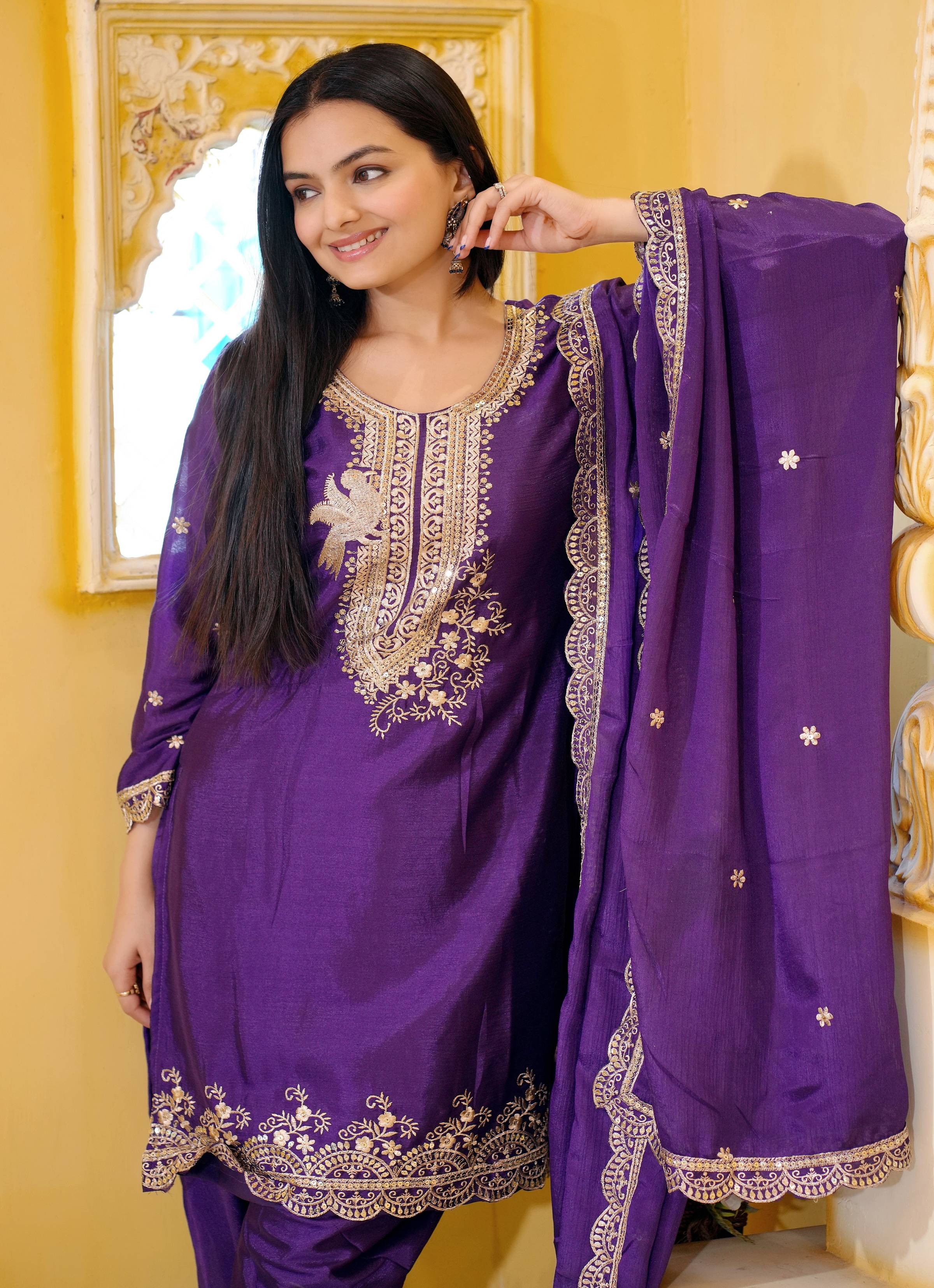 Lehenga Mart Designer Chinon Dhoti Suit With Sequence Embroidered Work - Purple | Grocsy