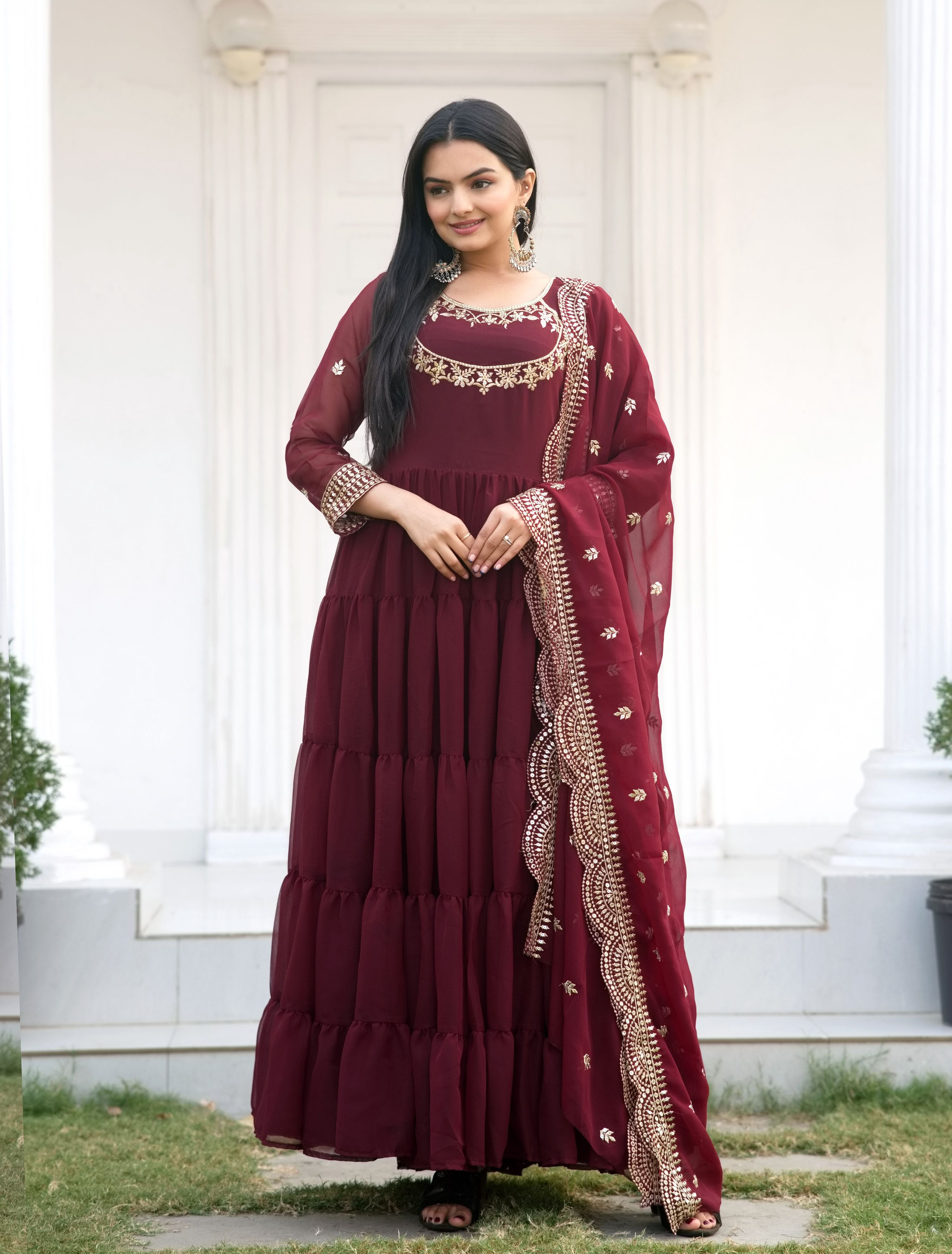 Lehenga Mart Designer Georgette Gown With Sequence Embroidered Work - Maroon | Grocsy
