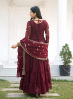 Lehenga Mart Designer Georgette Gown With Sequence Embroidered Work - Maroon | Grocsy