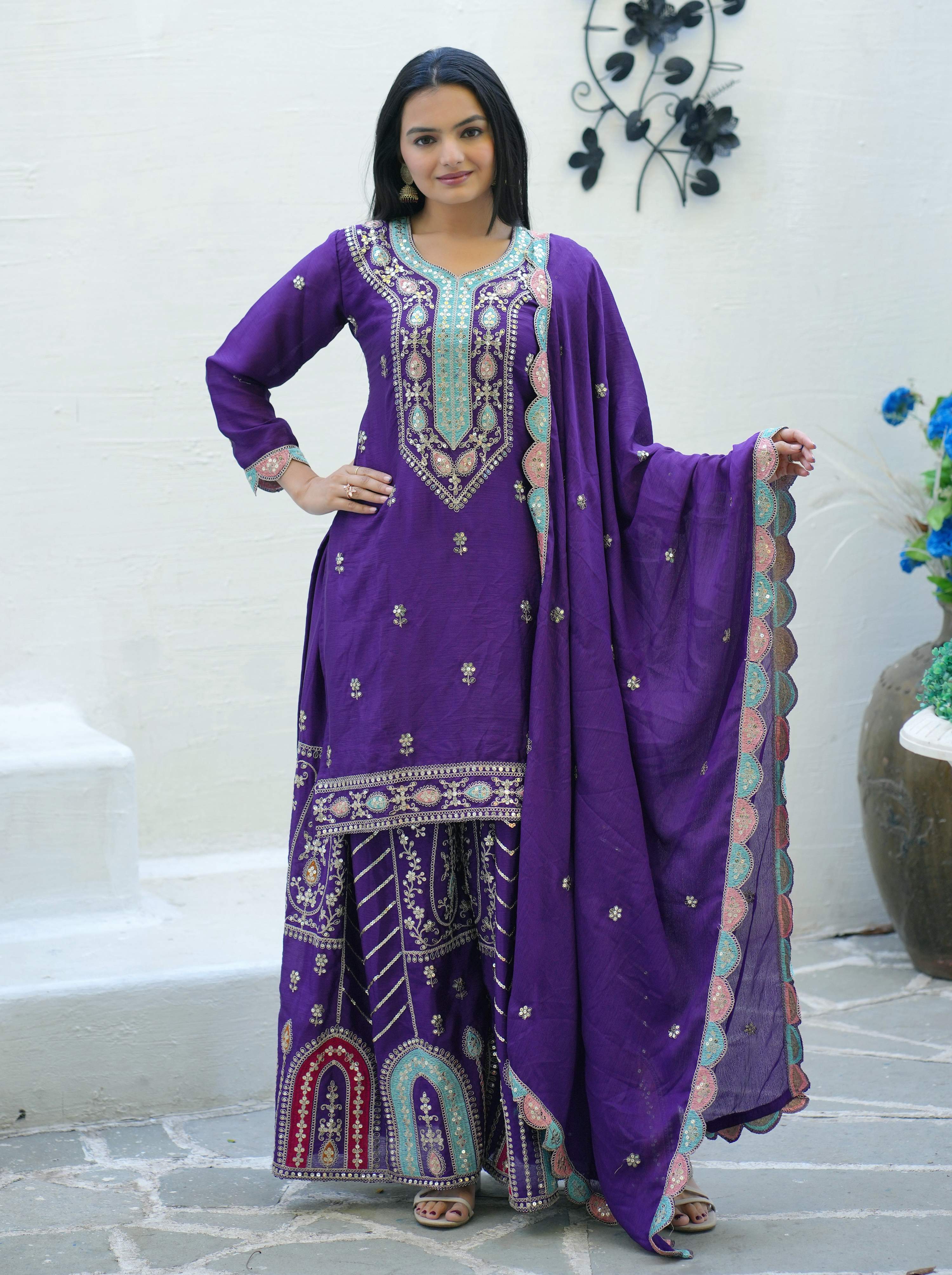Lehenga Mart Designer Chinon Suit With Sequence Embroidered Work - Blue | Grocsy