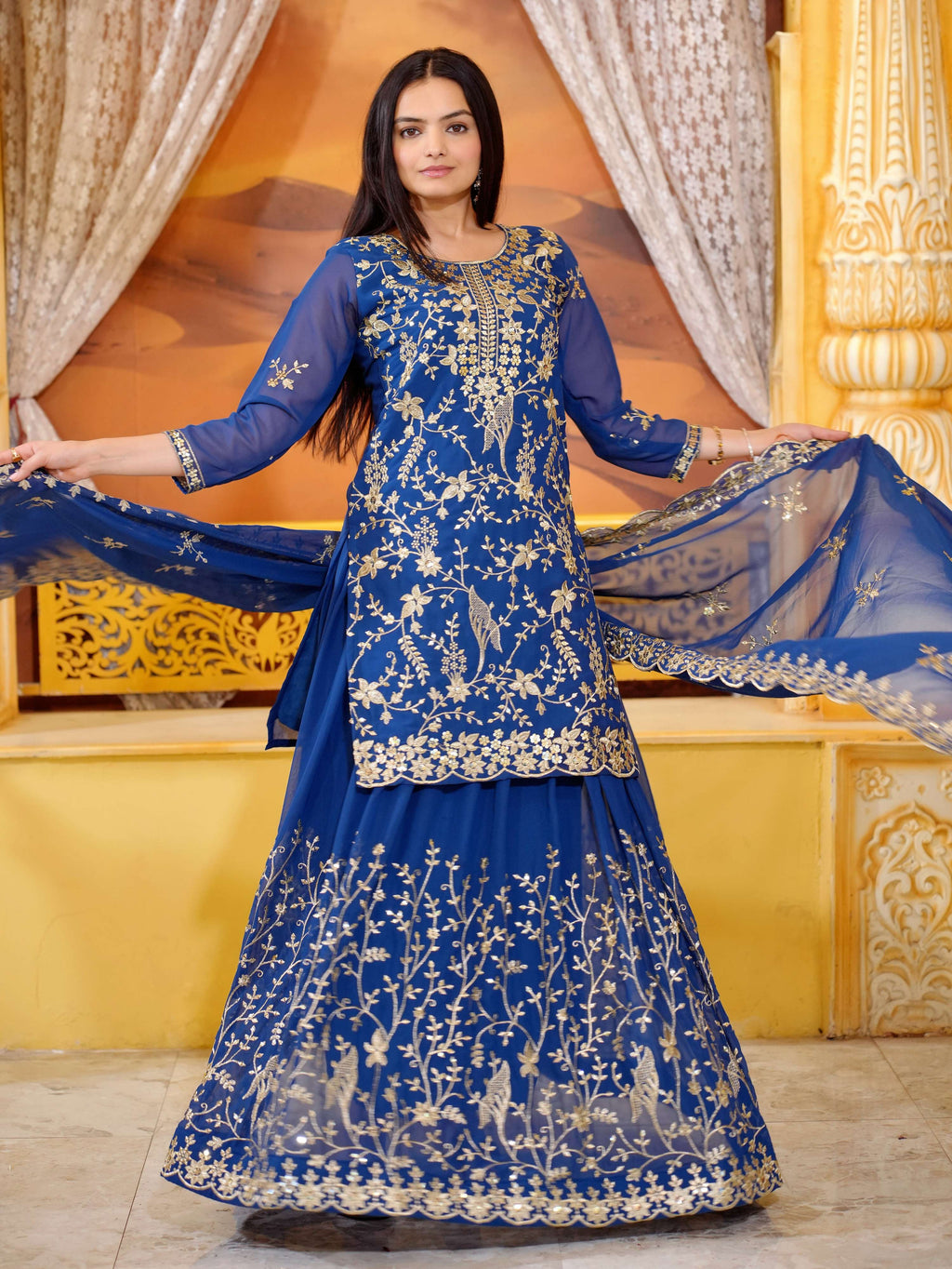 Lehenga Mart Designer Faux Georgette Lehenga Suit With Sequence Embroidered Work - Blue | Grocsy
