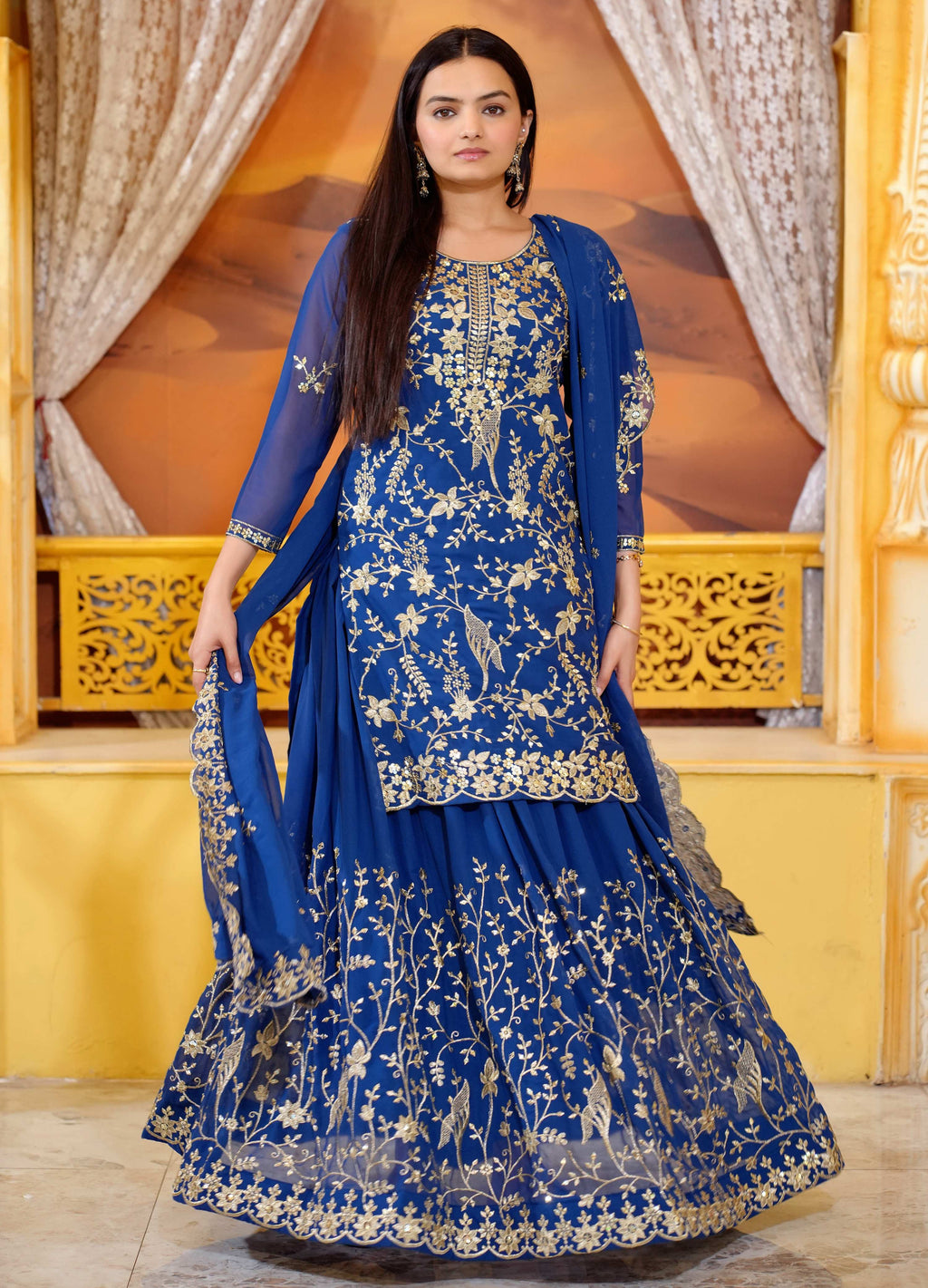Lehenga Mart Designer Faux Georgette Lehenga Suit With Sequence Embroidered Work - Blue | Grocsy