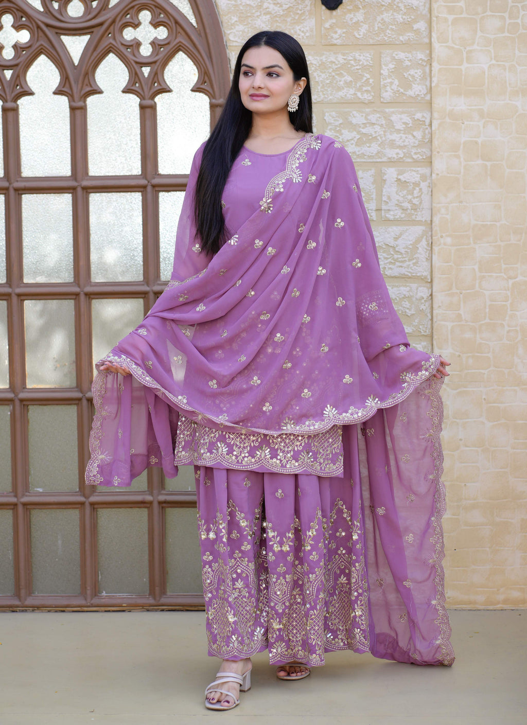 Lehenga Mart Designer Faux Georgette Sharara Suit With Sequence Embroidered Work - Lavender | Grocsy
