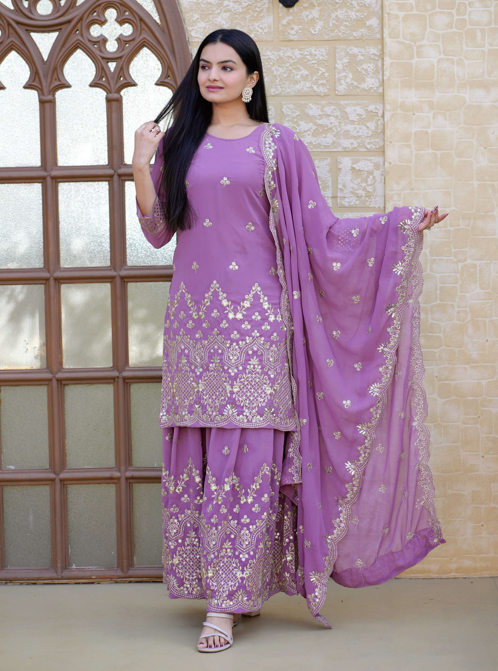 Lehenga Mart Designer Faux Georgette Sharara Suit With Sequence Embroidered Work - Lavender | Grocsy
