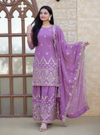Lehenga Mart Designer Faux Georgette Sharara Suit With Sequence Embroidered Work - Lavender | Grocsy