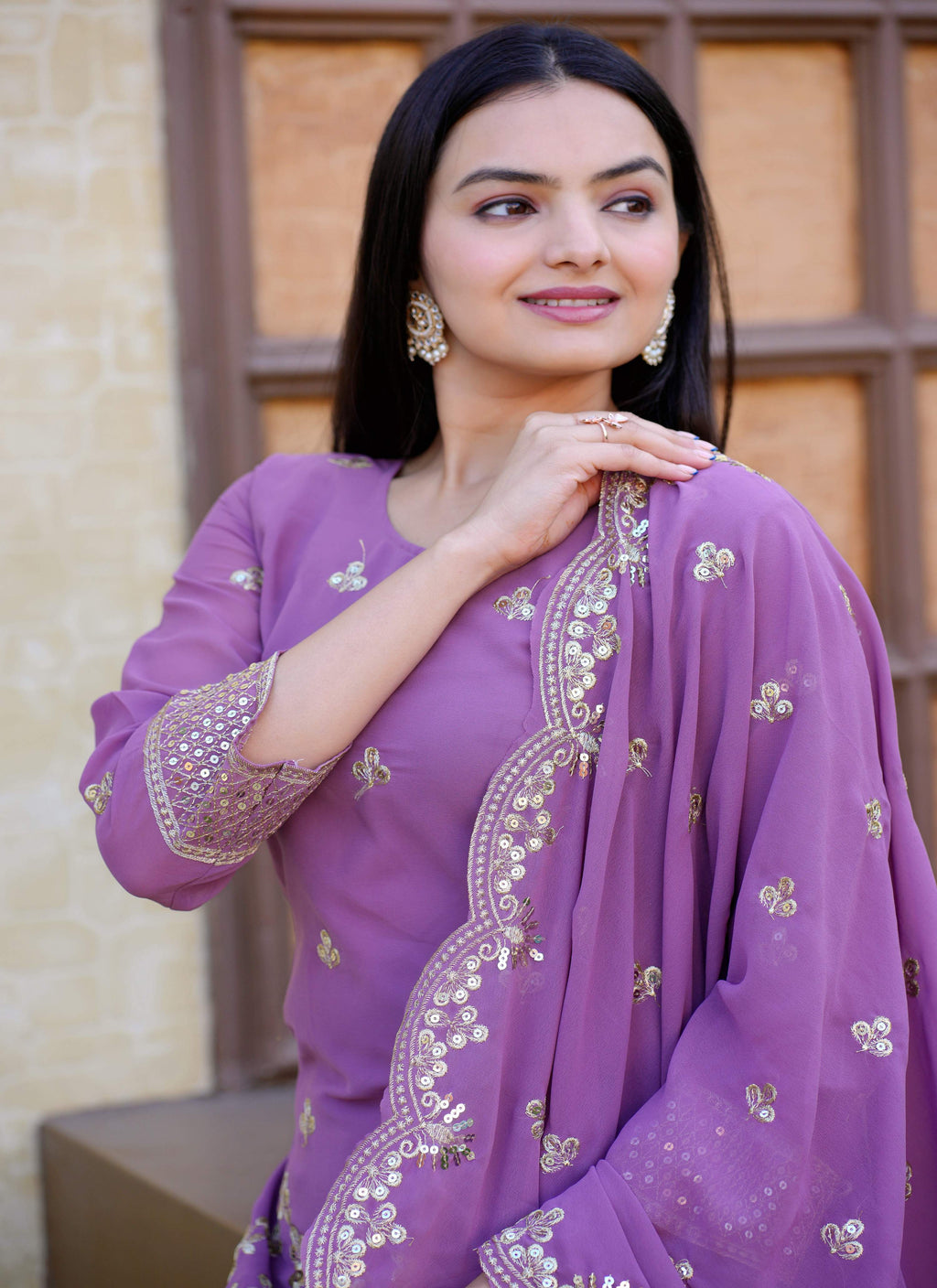Lehenga Mart Designer Faux Georgette Sharara Suit With Sequence Embroidered Work - Lavender | Grocsy