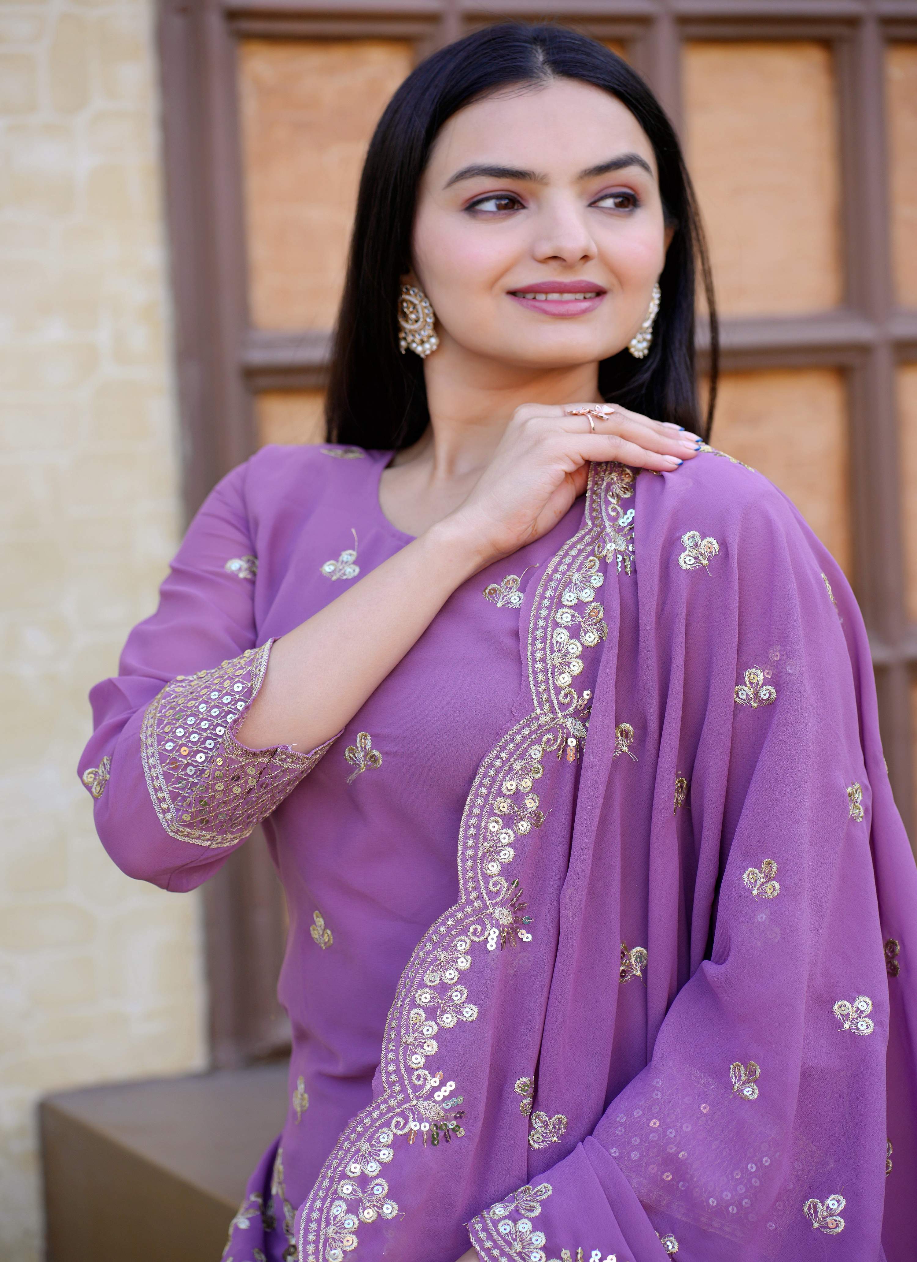 Lehenga Mart Designer Faux Georgette Sharara Suit With Sequence Embroidered Work - Lavender | Grocsy