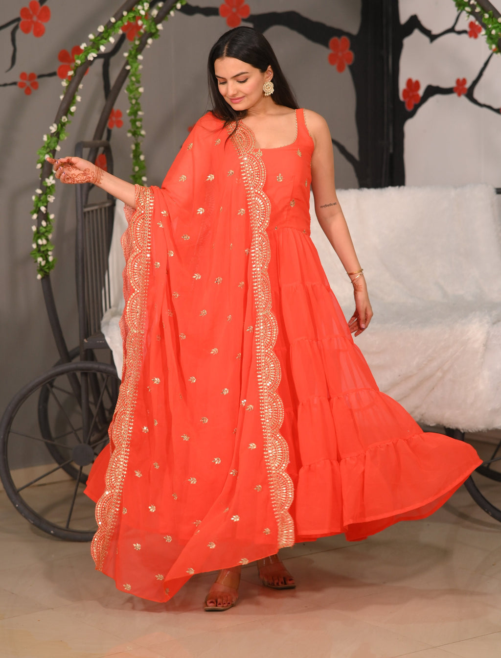 Lehenga Mart Designer Georgette Gown With Sequence Embroidered Work - Orange | Grocsy