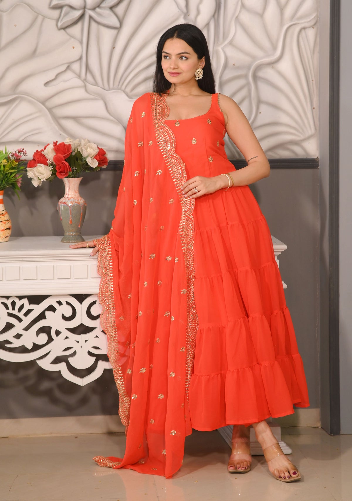 Lehenga Mart Designer Georgette Gown With Sequence Embroidered Work - Orange | Grocsy