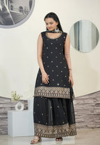 Lehenga Mart Designer Faux Georgette Sharara Suit With Sequence Embroidered Work - Black | Grocsy