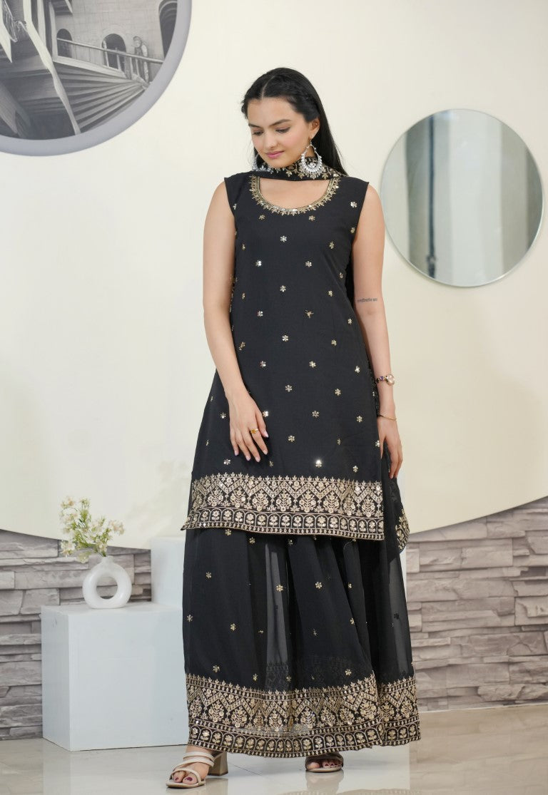 Lehenga Mart Designer Faux Georgette Sharara Suit With Sequence Embroidered Work - Black | Grocsy