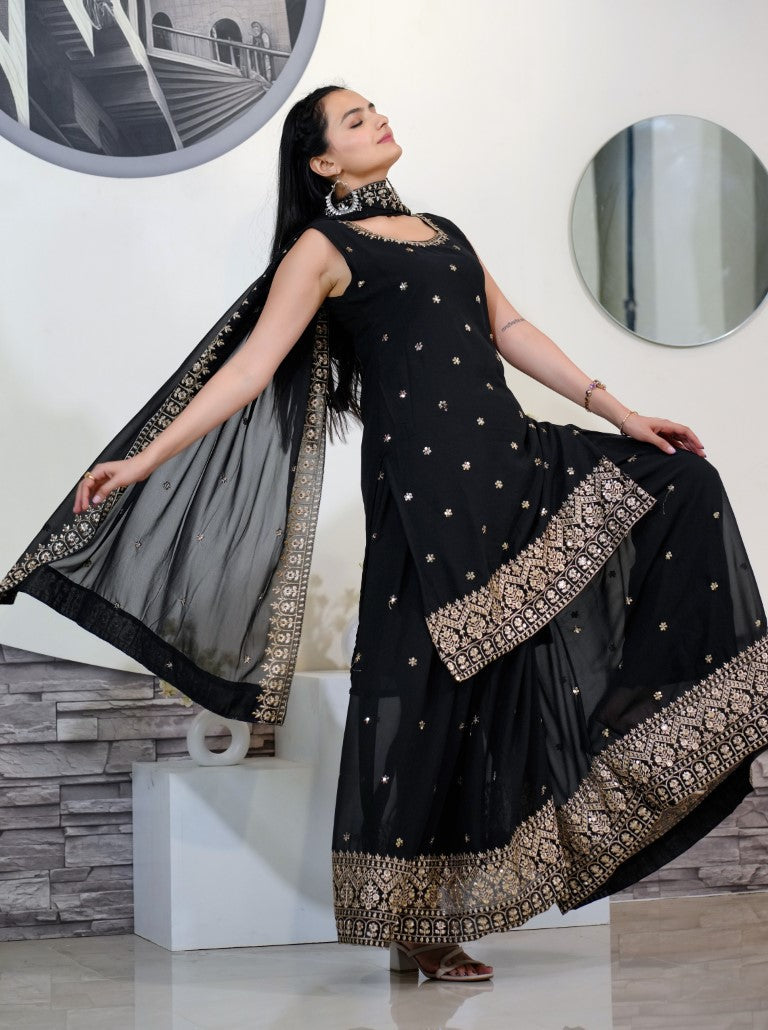 Lehenga Mart Designer Faux Georgette Sharara Suit With Sequence Embroidered Work - Black | Grocsy