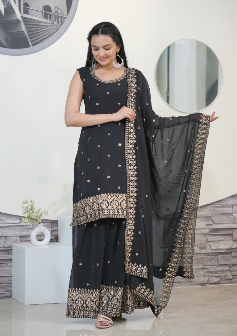 Lehenga Mart Designer Faux Georgette Sharara Suit With Sequence Embroidered Work - Black | Grocsy