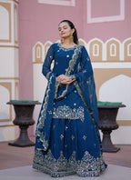 Lehenga Mart Designer Faux Georgette Lehenga Suit With Sequence Embroidered Work - Teal Blue | Grocsy