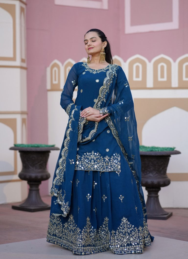 Lehenga Mart Designer Faux Georgette Lehenga Suit With Sequence Embroidered Work - Teal Blue | Grocsy