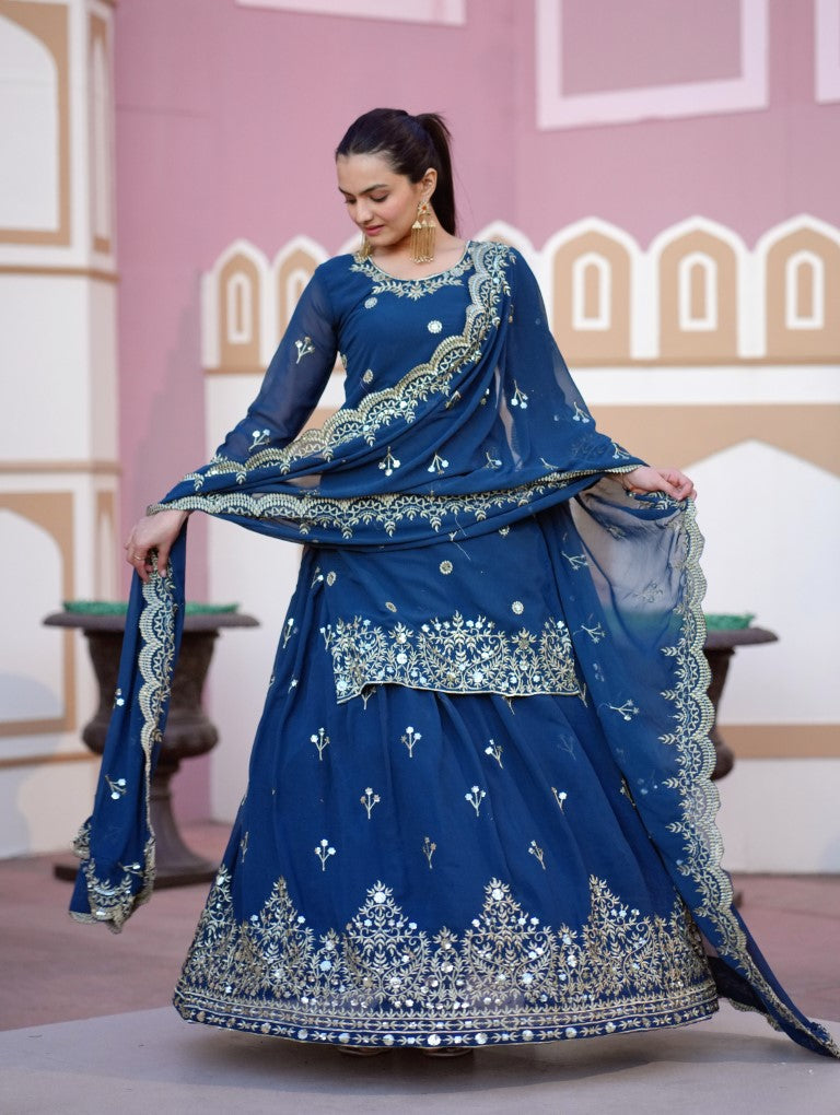 Lehenga Mart Designer Faux Georgette Lehenga Suit With Sequence Embroidered Work - Teal Blue | Grocsy