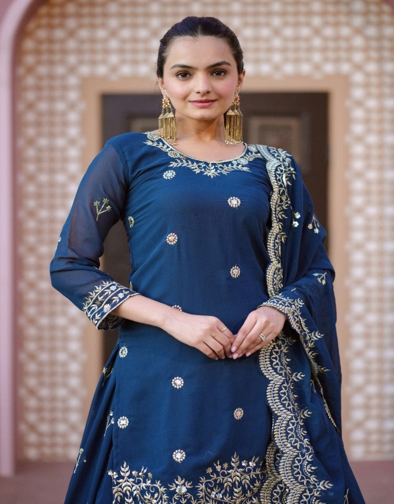 Lehenga Mart Designer Faux Georgette Lehenga Suit With Sequence Embroidered Work - Teal Blue | Grocsy