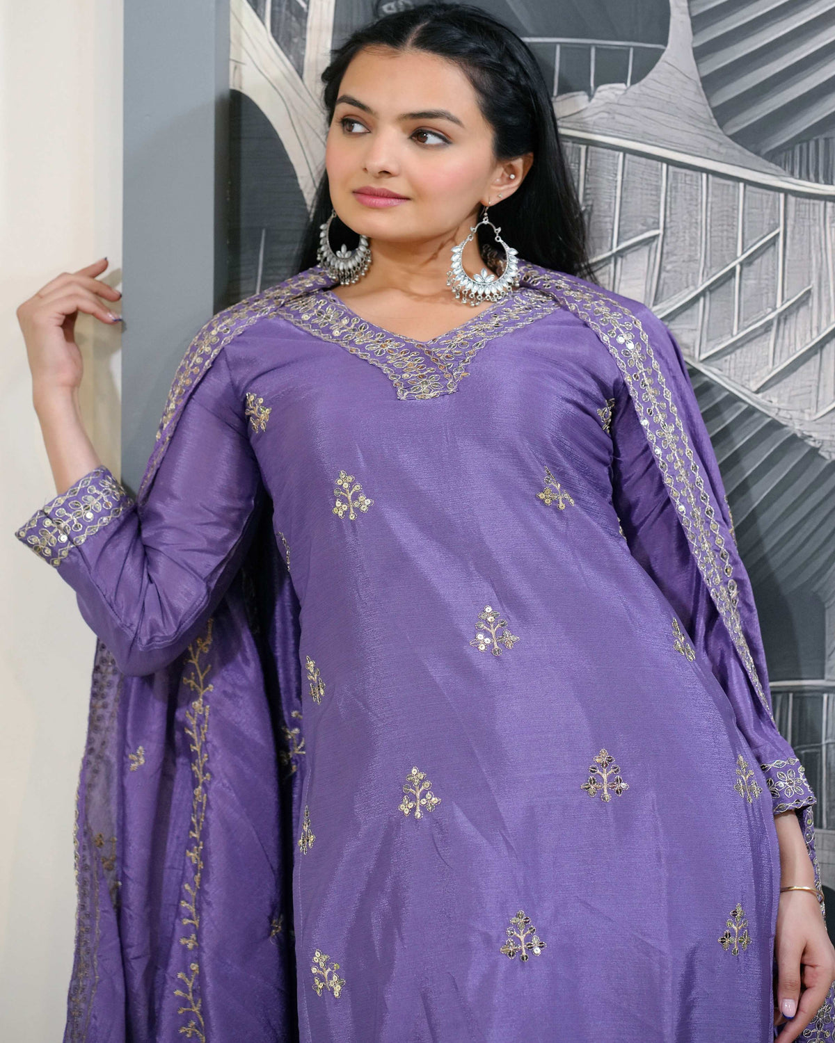 Lehenga Mart Designer Chinon Suit With Sequence Embroidered Work - Lavender | Grocsy