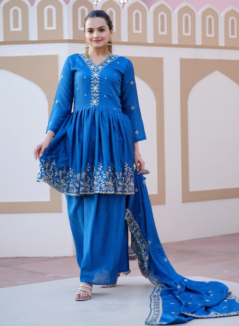 Lehenga Mart Designer Chinon Sharara Suit With Sequence Embroidered Work - Blue | Grocsy