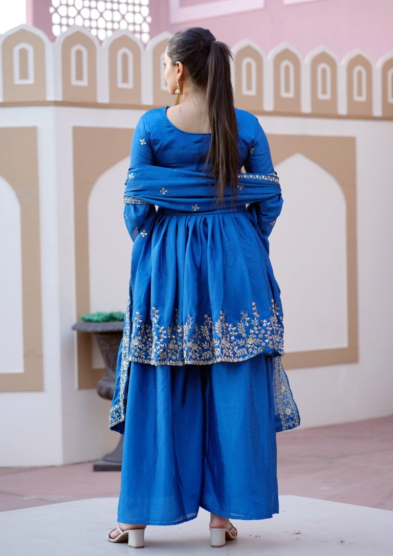 Lehenga Mart Designer Chinon Sharara Suit With Sequence Embroidered Work - Blue | Grocsy