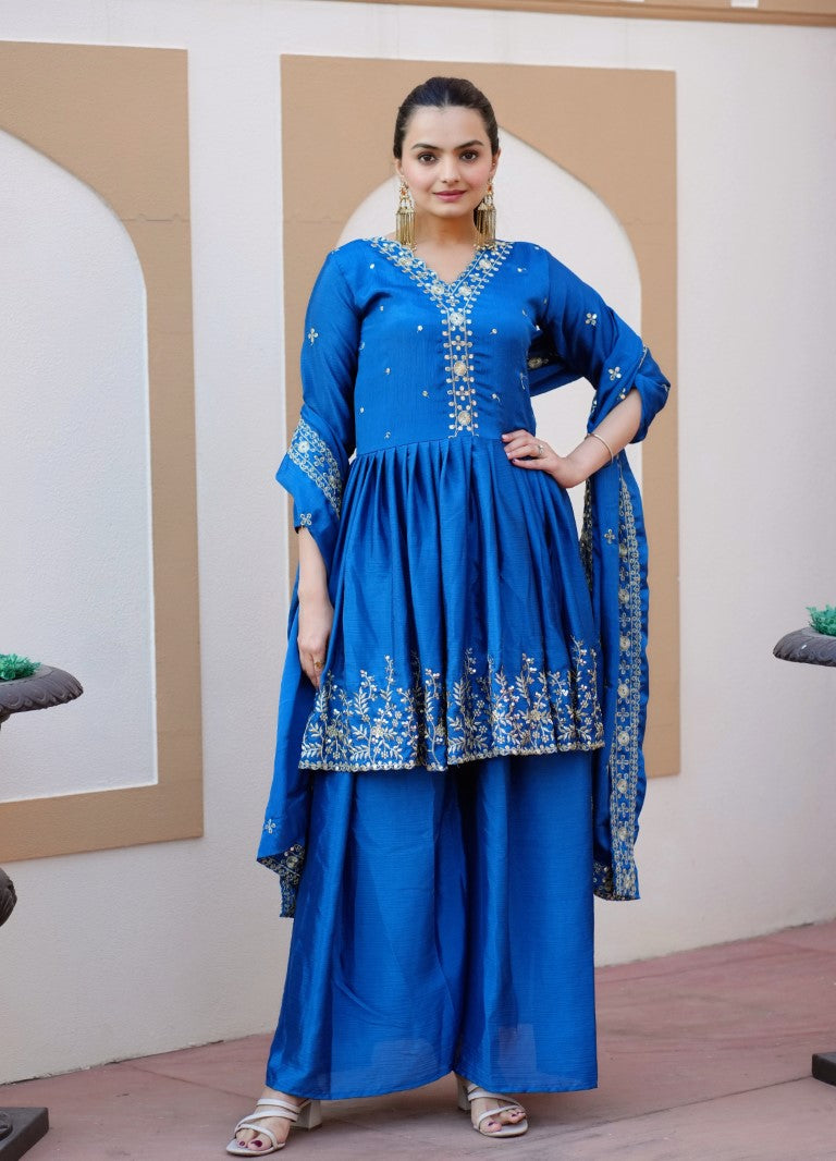 Lehenga Mart Designer Chinon Sharara Suit With Sequence Embroidered Work - Blue | Grocsy